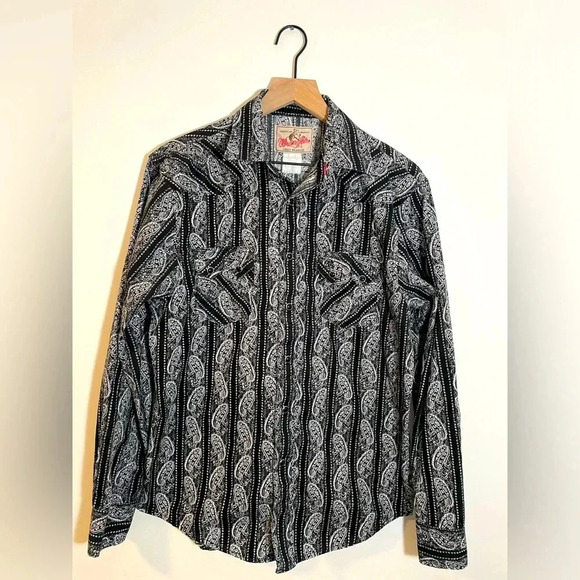 VTG Wrangler American Cowboy Paisley Pearl Snap Shirt Western Rodeo Black/White - Picture 1 of 12